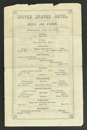 BILL Of FARE. UNITED STATES HOTEL. Hartford, Conn., by D. A. Rood.; Wednesday, May 18. 1870.