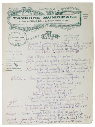 Item #47569 TAVERNE MUNICIPALE. Paris France Restaurant Menu
