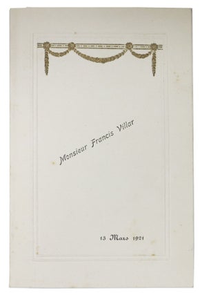 Item #47602 MONSIEUR FRANCIS VILLAR.; 13 Mars 1921. French Even Menu