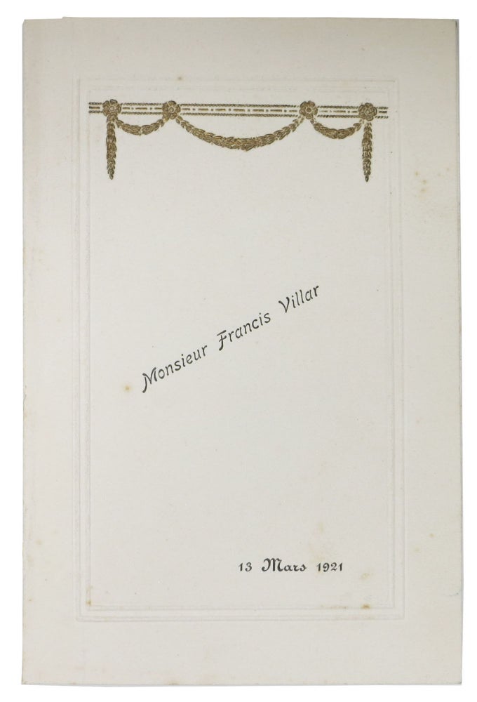 Item #47602 MONSIEUR FRANCIS VILLAR.; 13 Mars 1921. French Even Menu.