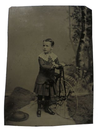 Item #47620 LARGE TINTYPE PHOTOGRAPH Of YOUNG BOY POSING With HIS BICYCLE. Bicycle History