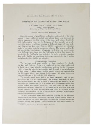 Item #47750 CORROSION Of METALS By MUSTS And WINES. . . Mrak, D. C. Caudron, L. Cash, mil, arcel....