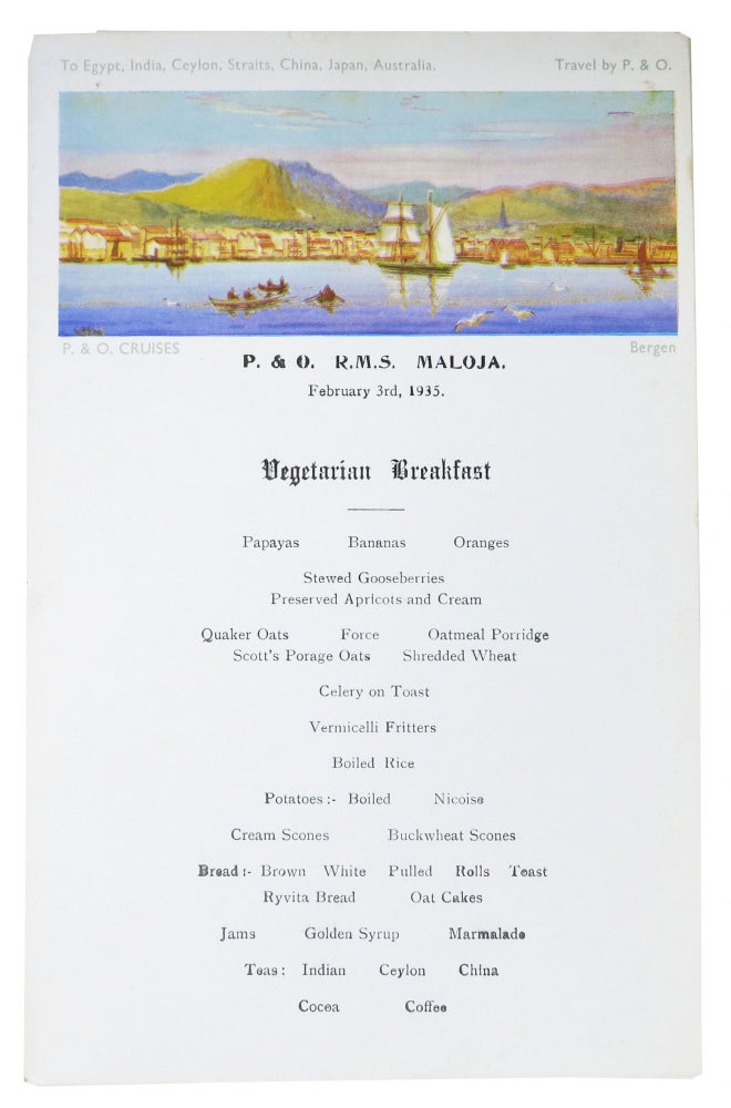 Item #47836 VEGETARIAN BREAKFAST.; P. & O. R.M.S. Maloja - February 3rd, 1935. Cruise Ship - Menu.