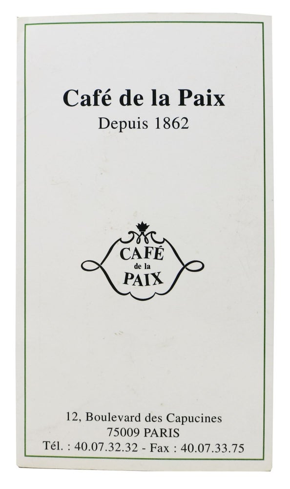 Item #48068 CAFÉ De La PAIX - Depuis 1862.; 12, Boulevard des Capucines - 75009 Paris. French Menu.