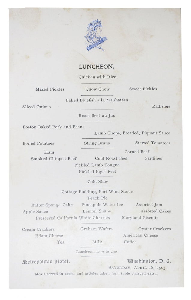 Item #48370 LUNCHEON.; Saturday, April 18, 1903. D. C. Restaurant Menu - Washington.
