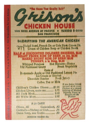 Item #48452 GRISON'S CHICKEN HOUSE.; "The House That Quality Built" Restaurant Menu - San Francisco