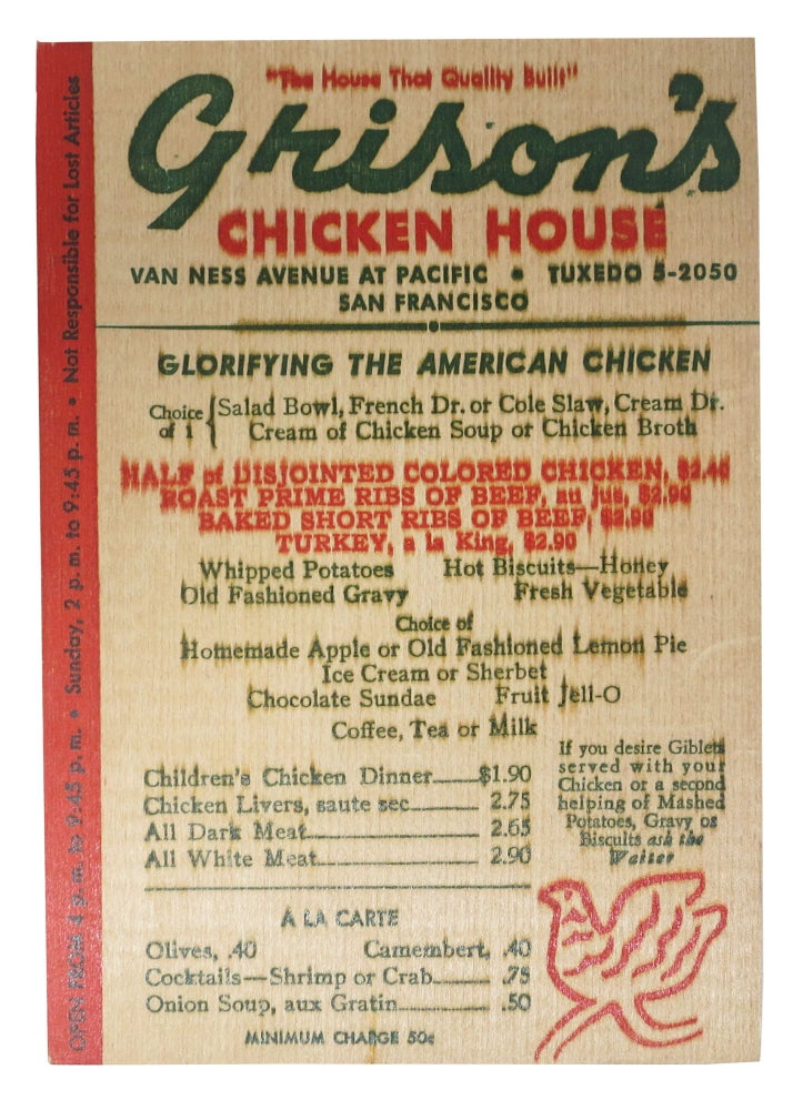 Item #48452 GRISON'S CHICKEN HOUSE.; "The House That Quality Built" Restaurant Menu - San Francisco.