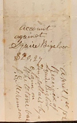 ACCOUNT AGAINST SQUIRE BIGALOW. $20.27. February 1851. Logtown.