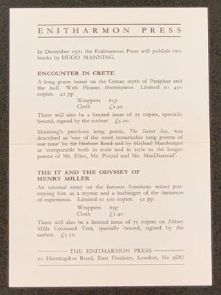 Item #48965 ENITHARMON PRESS. Publisher Advertising Leaflet, Hugo - Featured Author Manning