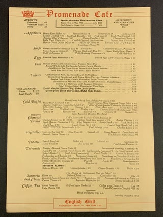 PROMENADE CAFE. ENGLISH GRILL. Rockefeller Center. New York City. Monday, August 6, 1951.
