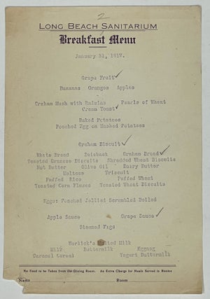 Item #49455 LONG BEACH SANITARIUM. Breakfast Menu. January 31, 1917. Hospital History / Cuisine