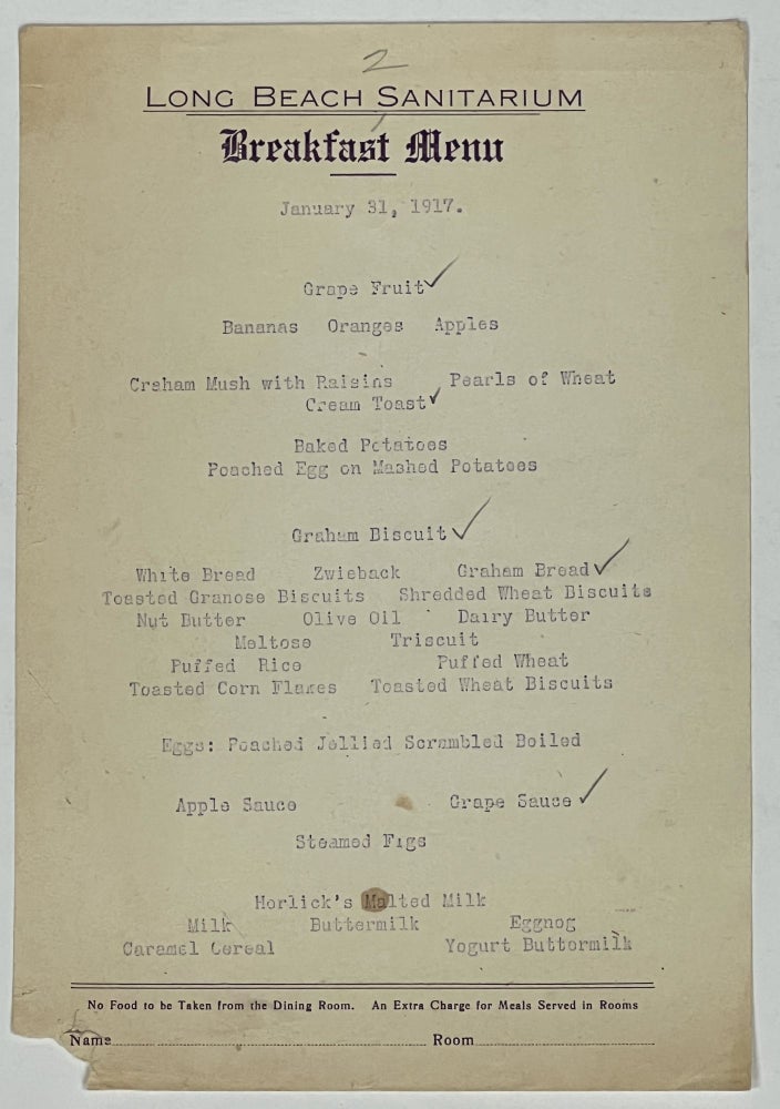 Item #49455 LONG BEACH SANITARIUM. Breakfast Menu. January 31, 1917. Hospital History / Cuisine.