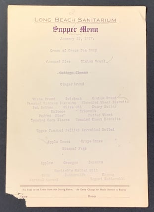 Item #49504 LONG BEACH SANITARIUM. Supper Menu. January 29, 1917. Hospital History / Cuisine