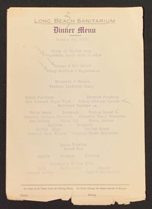 Item #49507 LONG BEACH SANITARIUM. Dinner Menu. January 29, 1917. Hospital History / Cuisine