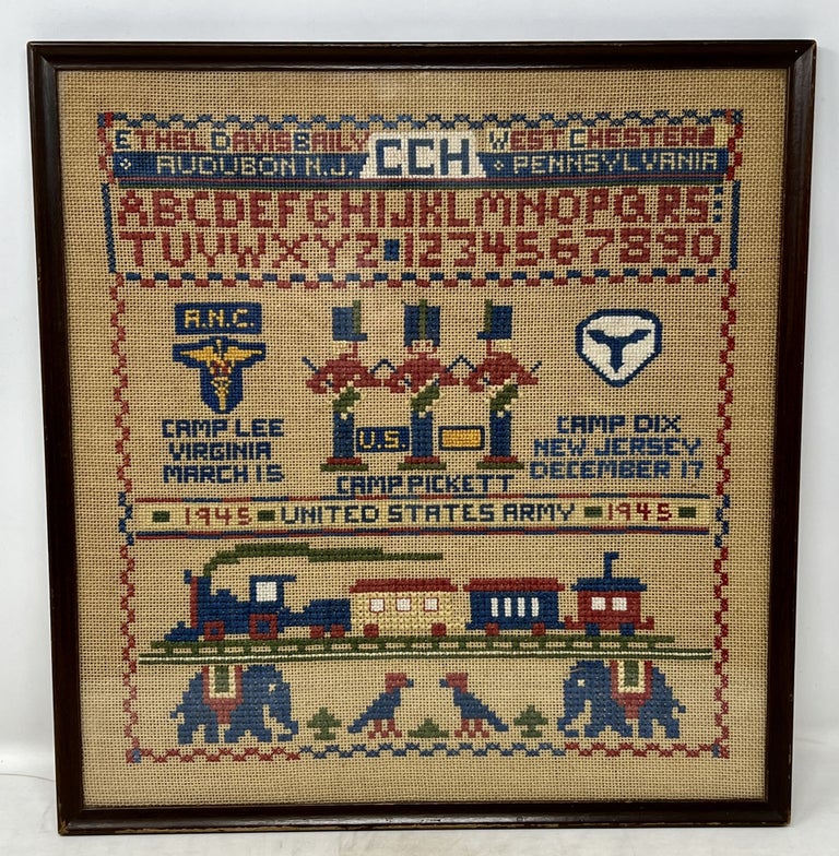 Item #50796 EMBROIDERY SAMPLER COMMEMORATING WWII SERVICE In The ARMY NURSE CORPS. 20th C. American Folk Art, Ethel Davis Baily, 1913 - 2014.