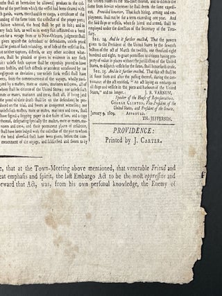 PROCEEDINGS Of The TOWN Of PROVIDENCE. Saturday, the 28th day of January, A. D. 1809.; The Resolutions of the Town of Providence, officially detailed below, were, after full discussion and mature deliberation, almost unanimously adopted by the most numerous Town-Meeting ever held in this Town.