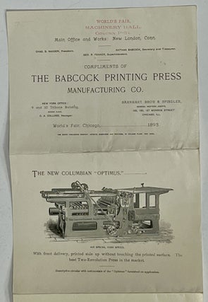 Item #51307 PROMOTIONAL LEAFLET. The Babcock Printing Press Manufacturing Co. World's Fair,...