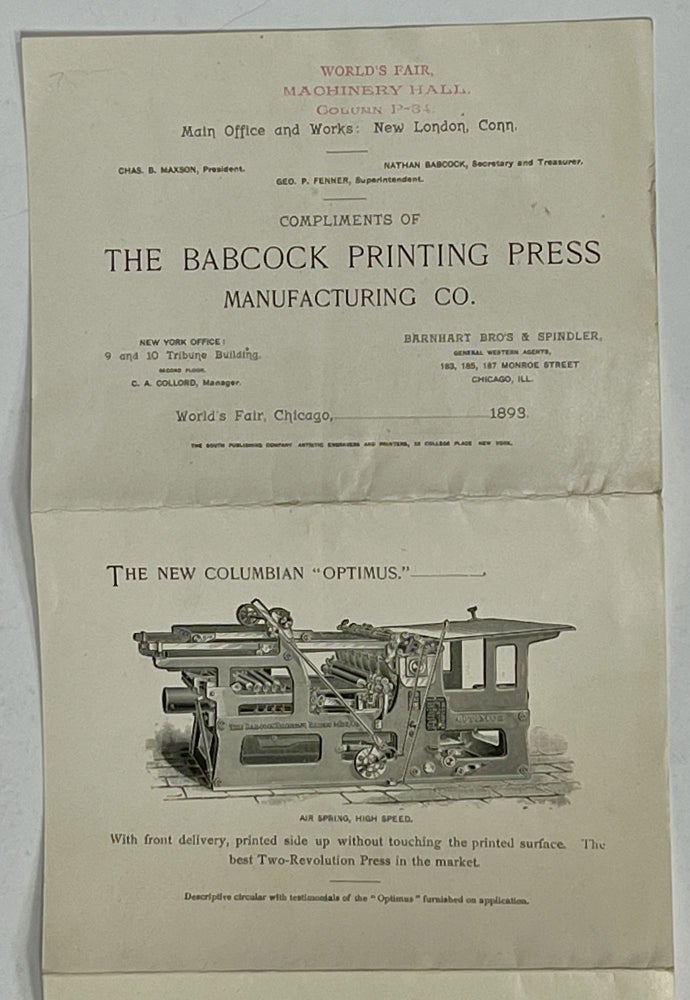 Item #51307 PROMOTIONAL LEAFLET. The Babcock Printing Press Manufacturing Co. World's Fair, Chicago. 1893. 19th C. US Printing History, Nathan . Maxson Babcock, Charles B. - Company President, 1824 - 1902.