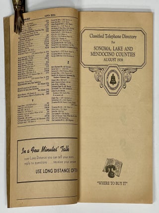 SONOMA, LAKE And MENDOCINO COUNTIES TELEPHONE DIRECTORY. August 1939.