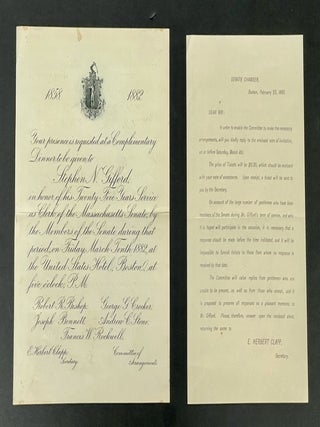 INVITATION. Complimentary Dinner to Stephen N. Gifford by the Massachusetts Senate. 1858. 1882.