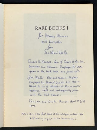 RARE BOOK I. A Selection of Rare Books and Manuscripts From Stock.