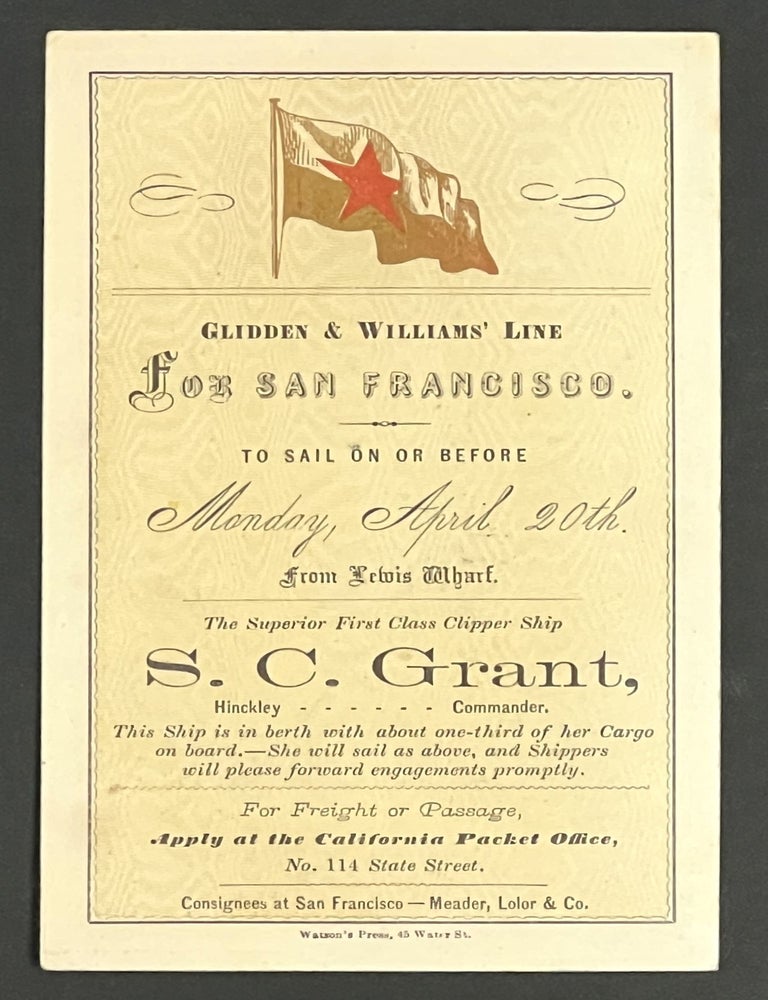 Item #52037 S. C. GRANT. For San Francisco. To Sail On or Before Monday, April 20th. From Lewis Wharf. Clipper Ship Trade Card, Hinckley - Commander.