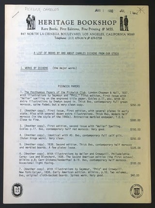 Item #52131 A LIST Of BOOKS BY And ABOUT CHARLES DICKENS From Our STOCK. Charles. 1812 - 1870...