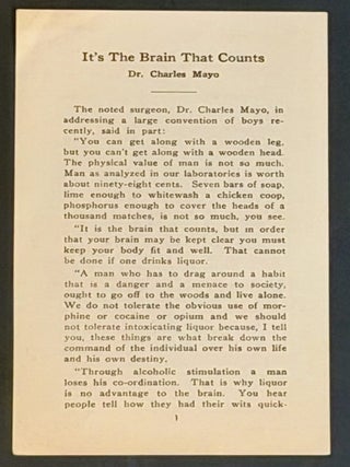 Item #52185 IT'S The BRAIN THAT COUNTS. Temperance Literature, Dr. Charles Mayo