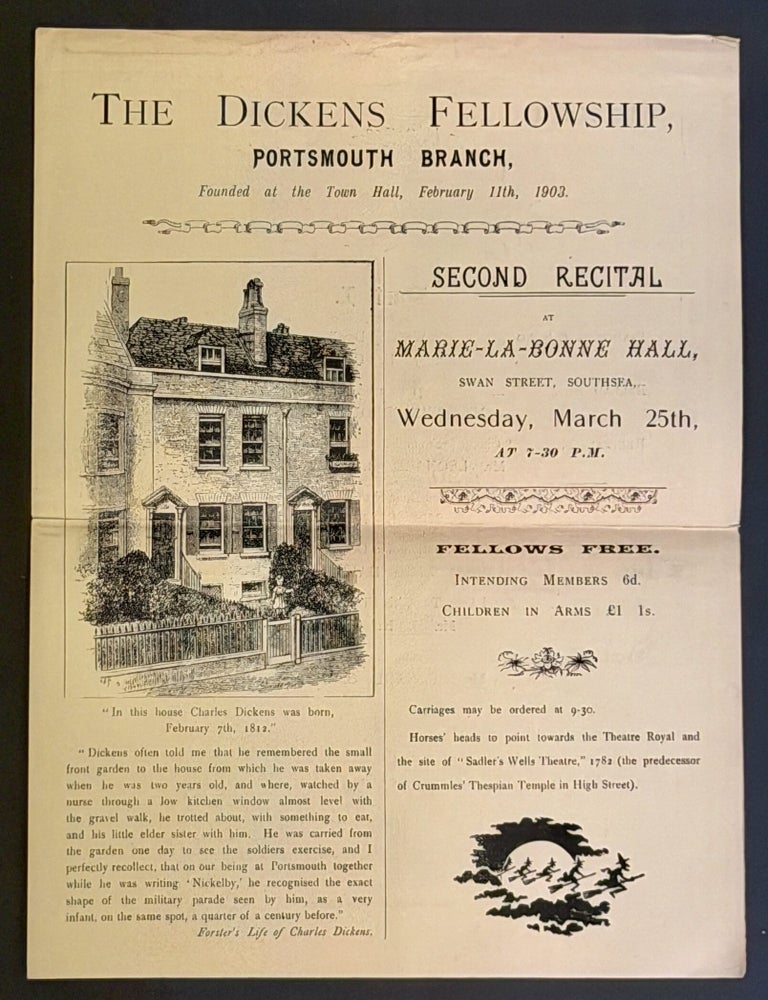 Item #52260 EVENT PROGRAMME. Second Recital at Marie-La-Bonne Hall, Swan Street, Southsea, Wednesday, March 25th, at 7-30 P.M. Charles Dickens.