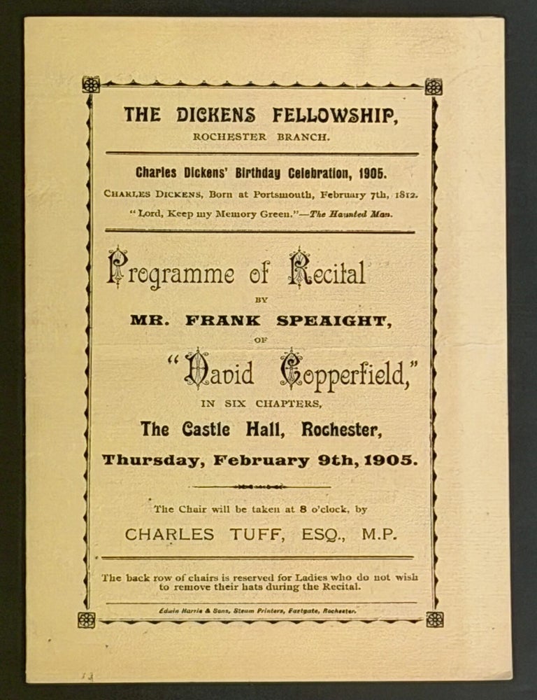 Item #52270 EVENT PROGRAMME. Programme of Recital by Mr. Frank Speaight, of "David Copperfield," in Six Chapters. Charles - Inspiration. Speaight Dickens, Frank - Performer.