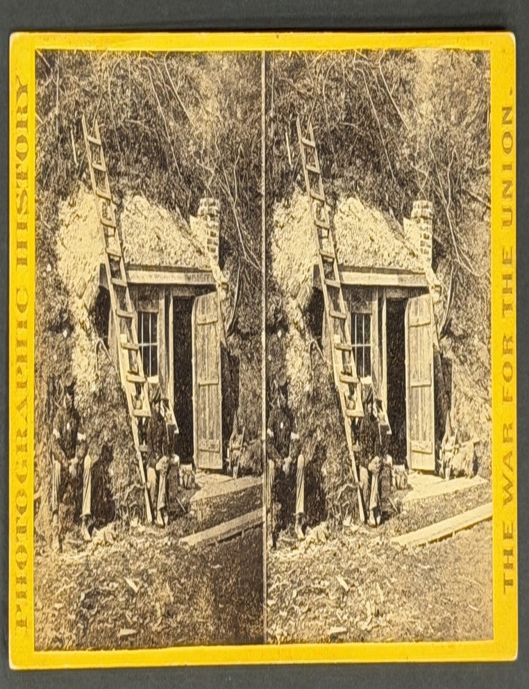 Item #52311 WAR VIEWS. Bombproof Quarters of Maj. Strong, at Dutch Gap, 16th N. Y. Artillery. No. 2551. Civil War Stereoview / Albumen B/W Photograph.