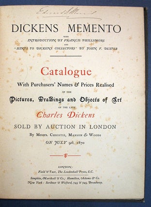 Item #596.1 DICKENS MOMENTO. Catalogue with Purchasers' Names & Prices Realised of the Pictures,...