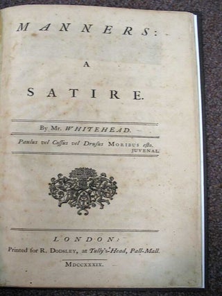 Item #9553 MANNERS: A Satire. Whitehead Mr, Paul. 1710 - 1774